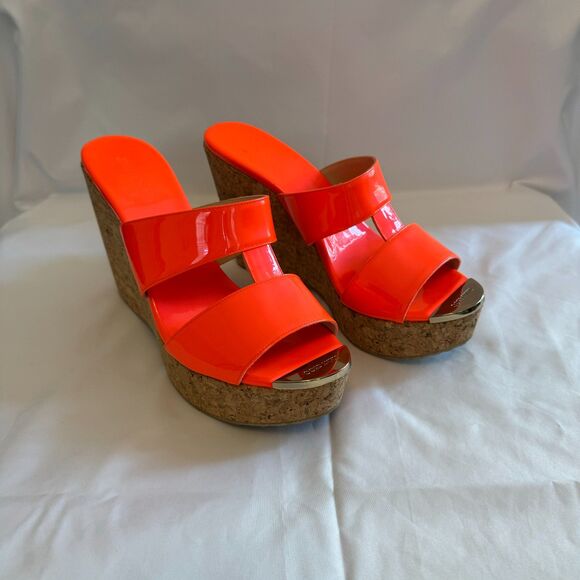 Jimmy Choo Wedged Cork Heel in Orange Patent Leather Size 8.5 - Picture 3 of 7